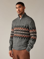 Grey Zip Neck Regular Fit Fairisle Pattern Jumper with Wool - Image 1 of 8