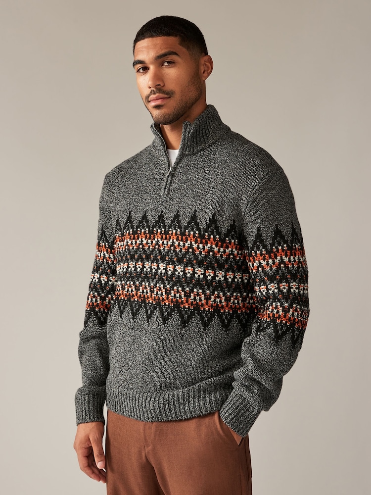 Grey Zip Neck Regular Fit Fairisle Pattern Jumper with Wool - Image 1 of 8