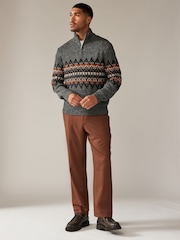 Grey Zip Neck Regular Fit Fairisle Pattern Jumper with Wool - Image 2 of 8