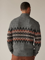 Grey Zip Neck Regular Fit Fairisle Pattern Jumper with Wool - Image 3 of 8