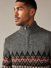 Grey Zip Neck Regular Fit Fairisle Pattern Jumper with Wool - Image 5 of 8
