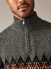 Grey Zip Neck Regular Fit Fairisle Pattern Jumper with Wool - Image 6 of 8