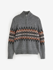 Grey Zip Neck Regular Fit Fairisle Pattern Jumper with Wool - Image 7 of 8