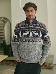Navy Blue/Grey Reindeer Regular Fit Christmas Jumper - Image 1 of 7