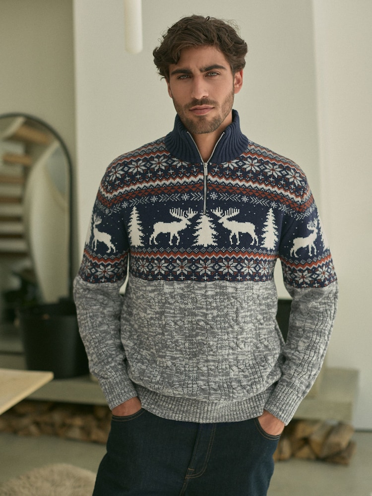Navy Blue/Grey Reindeer Regular Fit Christmas Jumper - Image 1 of 7