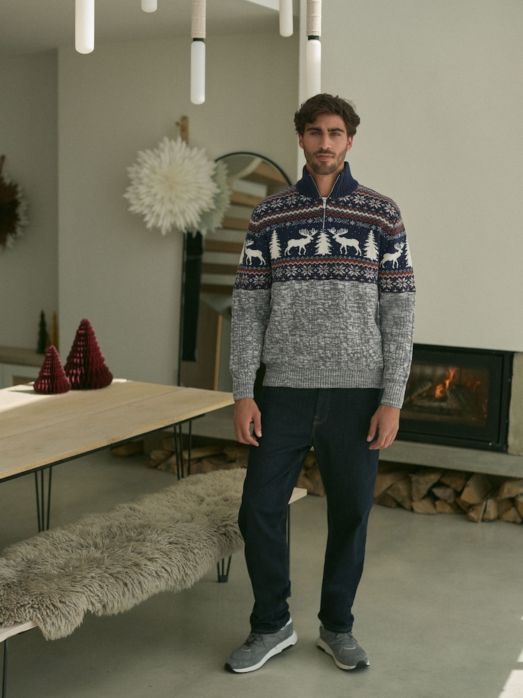 Navy Blue/Grey Reindeer Regular Fit Christmas Jumper - Image 2 of 7