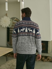 Navy Blue/Grey Reindeer Regular Fit Christmas Jumper - Image 3 of 7