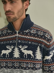Navy Blue/Grey Reindeer Regular Fit Christmas Jumper - Image 4 of 7