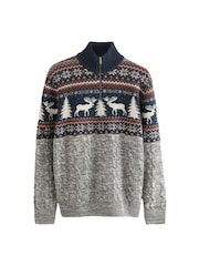 Navy Blue/Grey Reindeer Regular Fit Christmas Jumper - Image 5 of 7