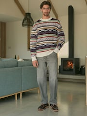 Multi/Ecru White Crew Neck Regular Fit Fairisle Pattern Jumper with Wool - Image 2 of 8