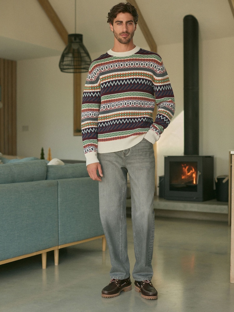 Multi/Ecru White Crew Neck Regular Fit Fairisle Pattern Jumper with Wool - Image 2 of 8