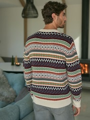 Multi/Ecru White Crew Neck Regular Fit Fairisle Pattern Jumper with Wool - Image 3 of 8