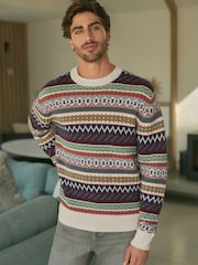 Multi/Ecru White Crew Neck Regular Fit Fairisle Pattern Jumper with Wool - Image 4 of 8