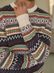 Multi/Ecru White Crew Neck Regular Fit Fairisle Pattern Jumper with Wool - Image 5 of 8