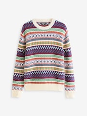 Multi/Ecru White Crew Neck Regular Fit Fairisle Pattern Jumper with Wool - Image 6 of 8