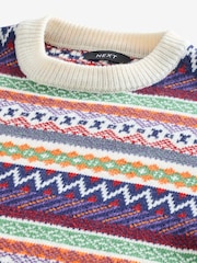 Multi/Ecru White Crew Neck Regular Fit Fairisle Pattern Jumper with Wool - Image 7 of 8