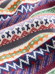 Multi/Ecru White Crew Neck Regular Fit Fairisle Pattern Jumper with Wool - Image 8 of 8