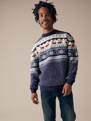 Navy Blue Crew Neck Mens Matching Family Christmas Fairisle Pattern Reindeer Jumper - Image 1 of 7