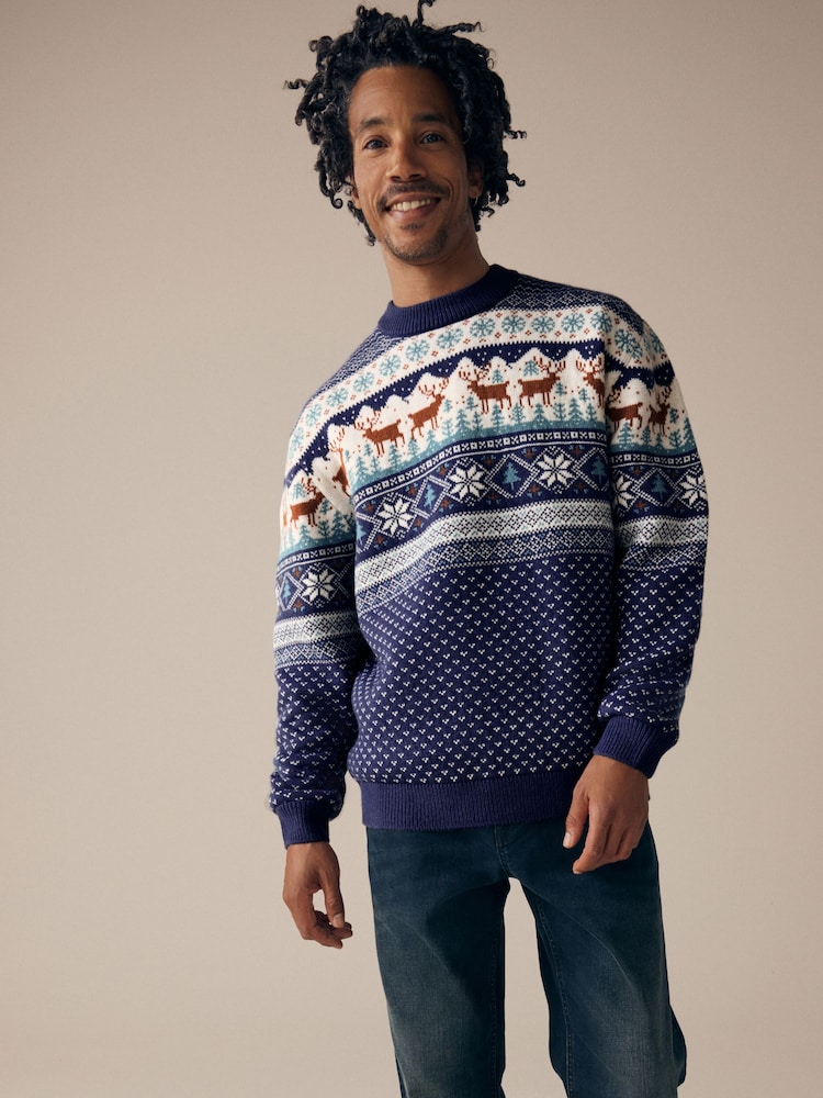 Navy Blue Crew Neck Mens Matching Family Christmas Fairisle Pattern Reindeer Jumper - Image 1 of 7