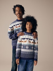 Navy Blue Crew Neck Mens Matching Family Christmas Fairisle Pattern Reindeer Jumper - Image 2 of 7