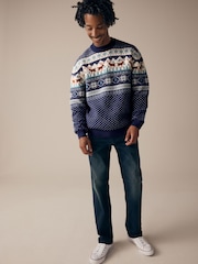 Navy Blue Crew Neck Mens Matching Family Christmas Fairisle Pattern Reindeer Jumper - Image 3 of 7