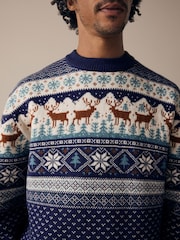 Navy Blue Crew Neck Mens Matching Family Christmas Fairisle Pattern Reindeer Jumper - Image 4 of 7