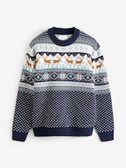 Navy Blue Crew Neck Mens Matching Family Christmas Fairisle Pattern Reindeer Jumper - Image 5 of 7