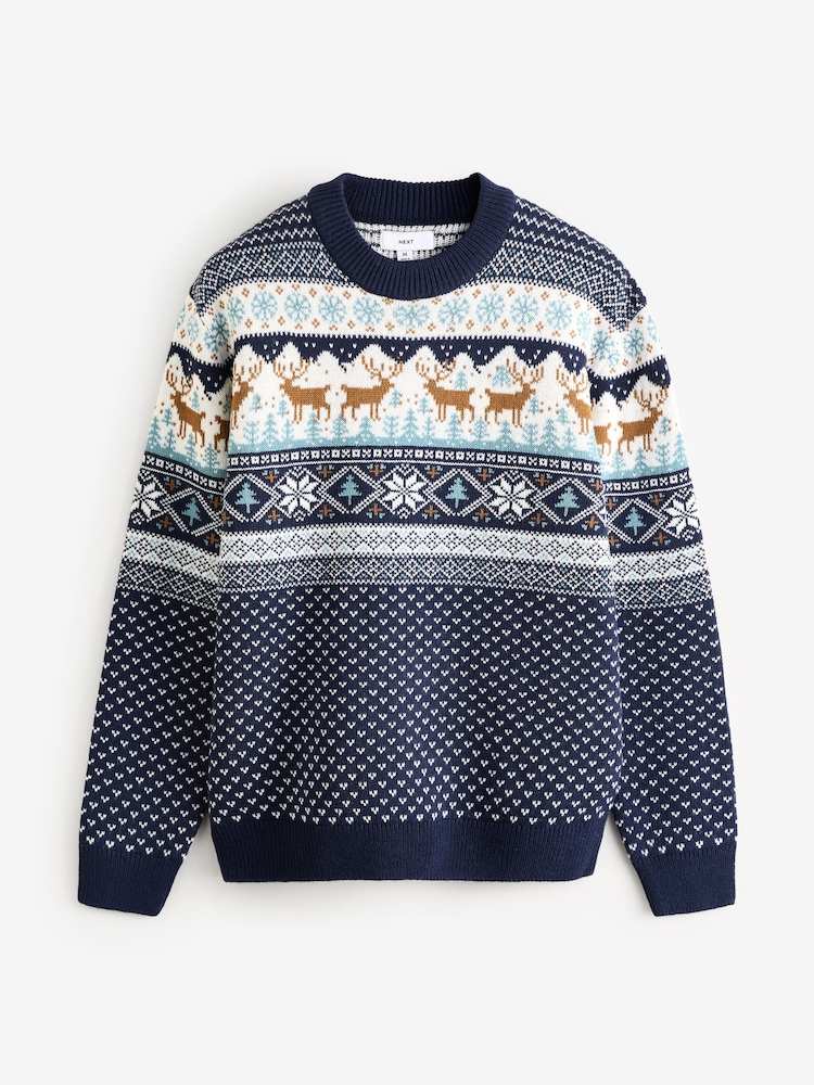 Navy Blue Crew Neck Mens Matching Family Christmas Fairisle