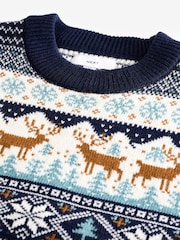 Navy Blue Crew Neck Mens Matching Family Christmas Fairisle Pattern Reindeer Jumper - Image 6 of 7
