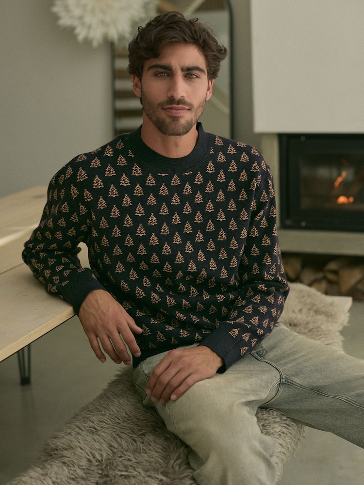Black/Gold Tree Regular Fit Christmas Crew Neck Jumper - Image 1 of 7