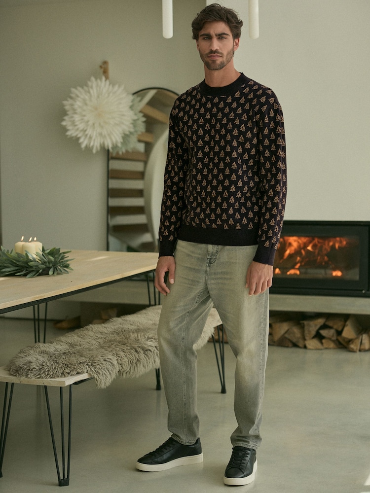 Black/Gold Tree Regular Fit Christmas Crew Neck Jumper - Image 2 of 7