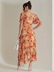 Jolie Moi Orange & Red Floral Pleated Dip Hem Chiffon Maxi Dress - Image 2 of 6