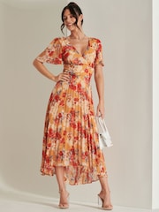 Jolie Moi Orange & Red Floral Pleated Dip Hem Chiffon Maxi Dress - Image 3 of 6