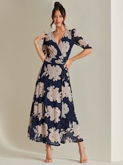 Jolie Moi Blue Daliyah Wrap Front Mesh Maxi Dress - Image 1 of 6