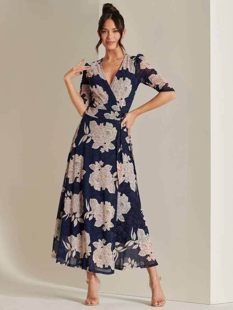 Azul - Vestido largo de malla con estampado cruzado en la parte delantera Daliyah de Jolie Moi - Imagen 1 de 6 Azul - Vestido largo de malla con estampado cruzado en la parte delantera Daliyah de Jolie Moi - Imagen 1 de 6
