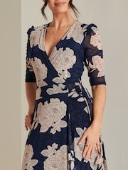 Jolie Moi Blue Daliyah Wrap Front Mesh Maxi Dress - Image 3 of 6