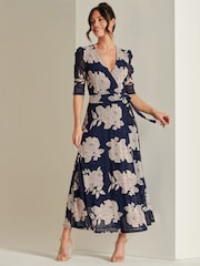 Jolie Moi Blue Daliyah Wrap Front Mesh Maxi Dress - Image 5 of 6
