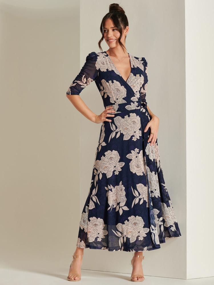 Jolie Moi Blue Daliyah Wrap Front Mesh Maxi Dress - Image 6 of 6