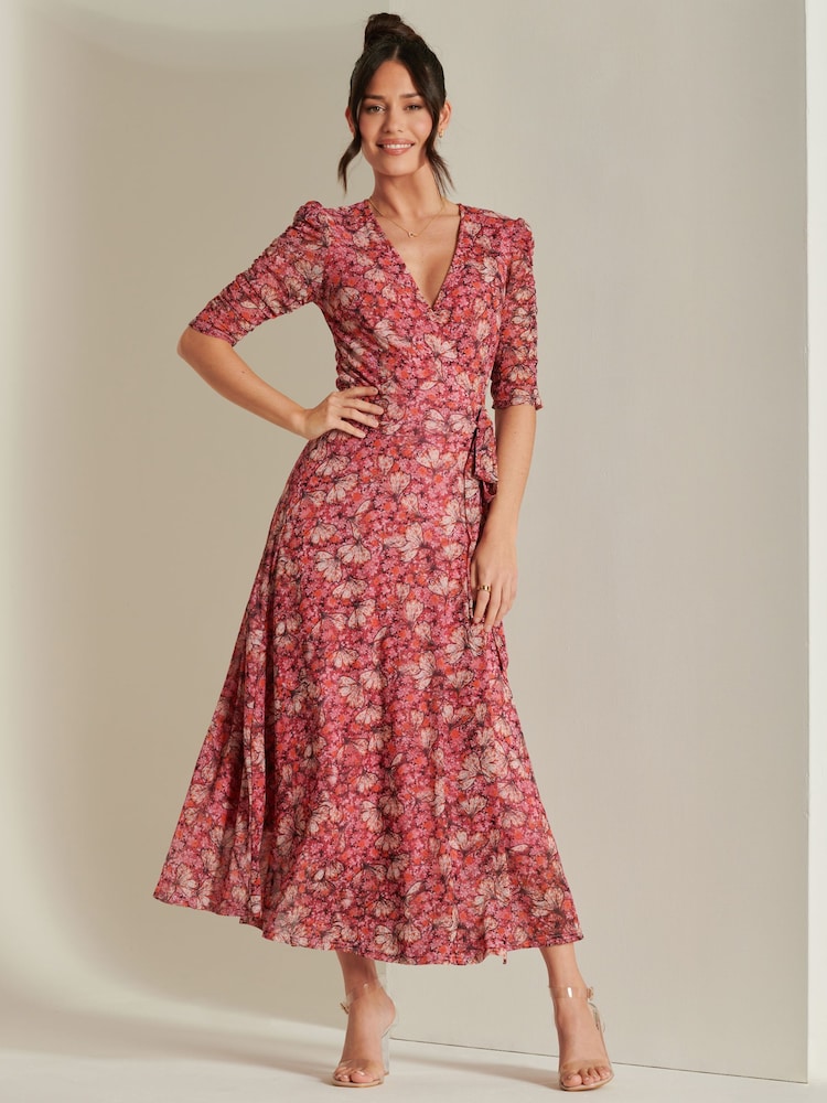 Jolie Moi Pink Daliyah Wrap Front Mesh Maxi Dress - Image 1 of 6