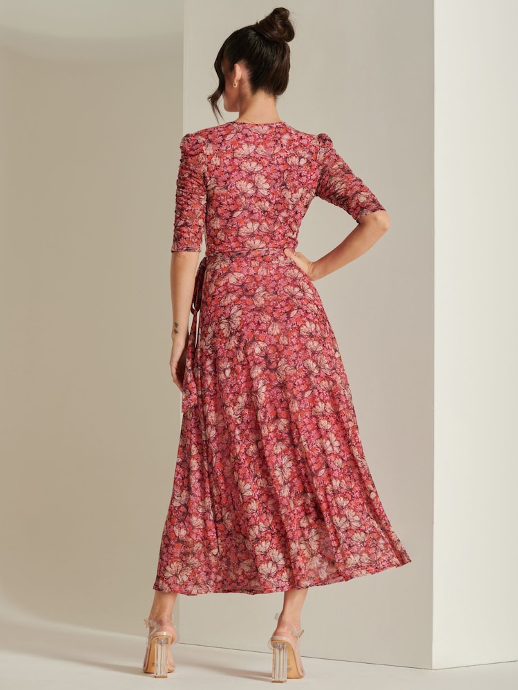 Jolie Moi Pink Daliyah Wrap Front Mesh Maxi Dress - Image 2 of 6