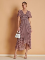 Jolie Moi Pink Spot Pleated Dip Hem Chiffon Maxi Dress - Image 1 of 6