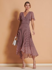 Jolie Moi Pink Spot Pleated Dip Hem Chiffon Maxi Dress - Image 3 of 6