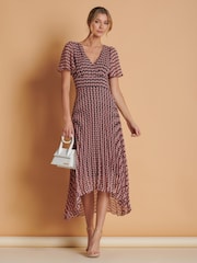 Jolie Moi Pink Spot Pleated Dip Hem Chiffon Maxi Dress - Image 4 of 6