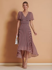 Jolie Moi Pink Spot Pleated Dip Hem Chiffon Maxi Dress - Image 5 of 6