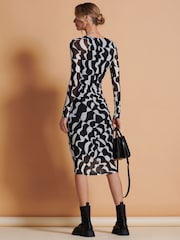 Jolie Moi Black/White Print Long Sleeve Mesh Bodycon Dress - Image 2 of 6
