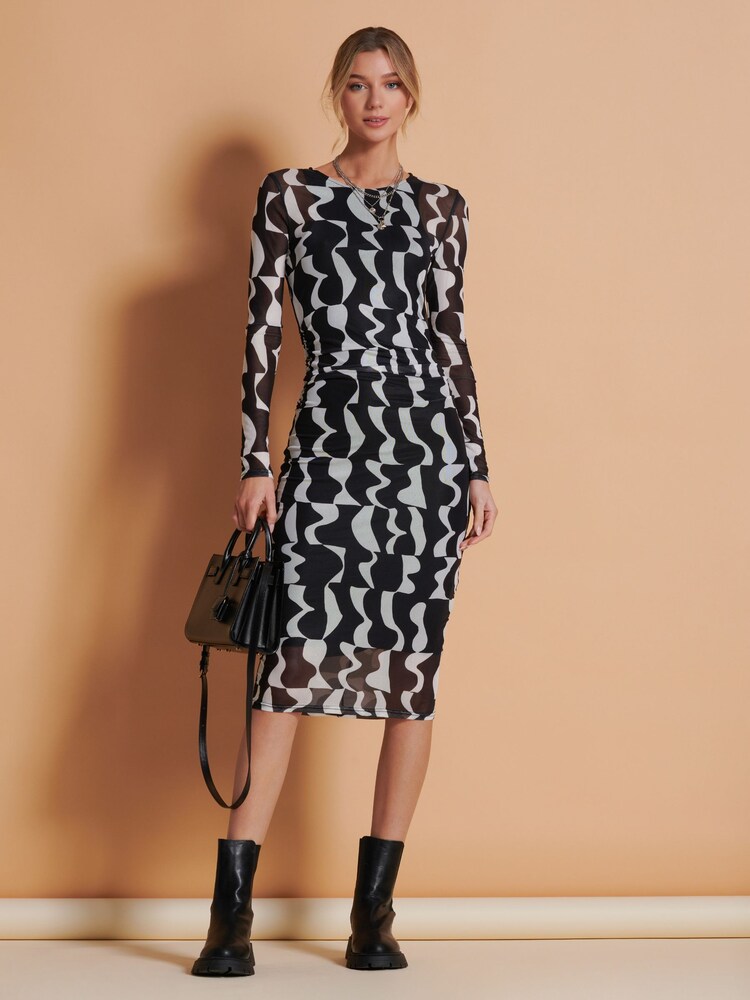Jolie Moi Black/White Print Long Sleeve Mesh Bodycon Dress - Image 3 of 6