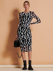 Jolie Moi Black/White Print Long Sleeve Mesh Bodycon Dress - Image 4 of 6