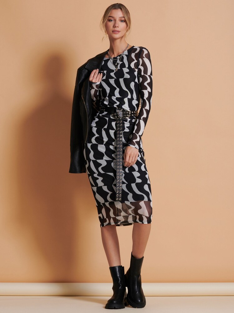 Jolie Moi Black/White Print Long Sleeve Mesh Bodycon Dress - Image 5 of 6