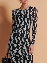 Jolie Moi Black/White Print Long Sleeve Mesh Bodycon Dress - Image 6 of 6
