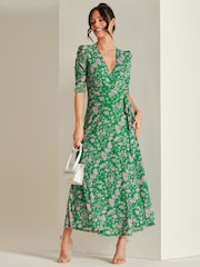 Jolie Moi Green Daliyah Wrap Front Mesh Maxi Dress - Image 1 of 6